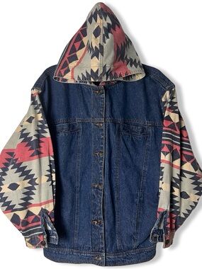 Lavon VTG Womens Denim Jacket Southwestern Aztec Print Hooded Jean Jacket 90s M
